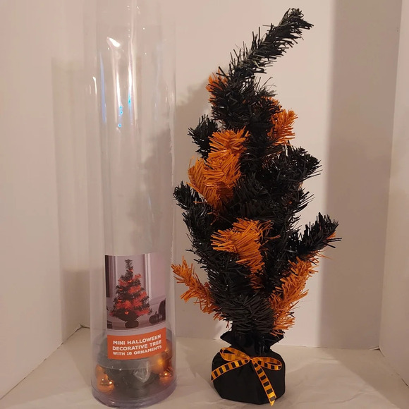 Mini 19 inch Halloween Orange & Black Decorative Tree with 16 Ornaments - Picture 1 of 8